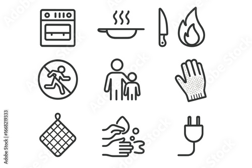 Kitchen Safety Icons. Outline icon set of teaching kitchen safety: oven icon, hot pan, sharp knife, no running