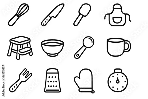 Kitchen Tools Icon Set. Outline icon set of kitchen tools for little chefs: small whisk, kid-safe knife,
