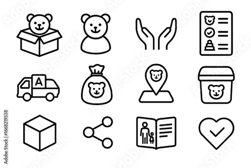 Toy Donation Icons. Outline icon set of toy donation and decluttering: donate box, smiling toy, giving hands,