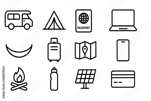 Nomadic Living Icons. Outline icon set of long-term nomadic living: camper van, tent, passport, laptop,