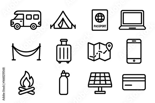 Nomadic Living Icons. Outline icon set of long-term nomadic living: camper van, tent, passport, laptop,