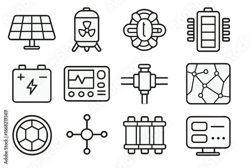 Space Energy Icon Set. Outline icon set of space energy systems: solar array, nuclear reactor, fusion core,