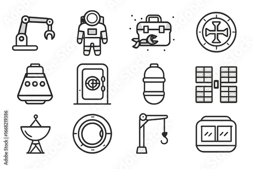 Space Station Icon Set. Outline icon set of space station construction: robotic arm, EVA suit, floating