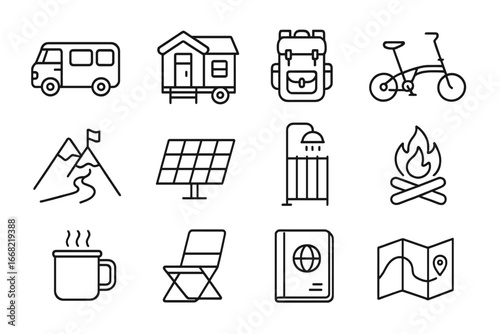 Nomadic Travel Icons. Outline icon set of nomadic travel and tiny house tourism: camper van, tiny house,