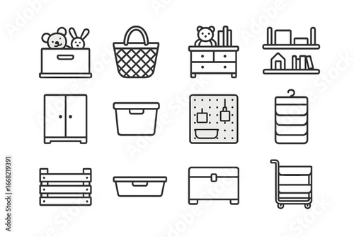 Nursery Storage Icons. Outline icon set of functional nursery storage: toy box, basket, dresser, shelf,