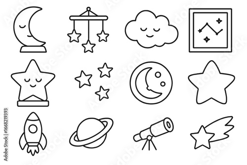 Nursery Space Icon Set. Outline icon set of star and moon-themed nursery decor: crescent moon lamp, star