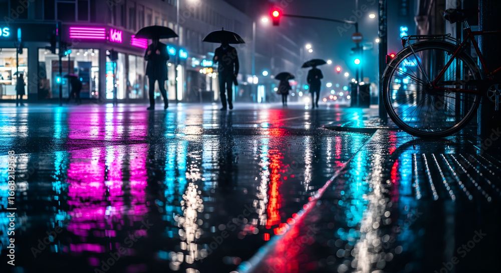 Obraz premium Rainy Night City Street Glistening with Neon Reflections
