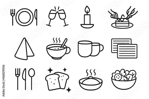 Meal Icon Set. Outline icon set of quiet shared meals: dinner plate, clinking glasses, candlelight, shared