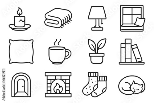 Cozy Comfort Icons. Outline icon set of comforting spaces: lit candle, wool blanket, warm lamp, window seat,