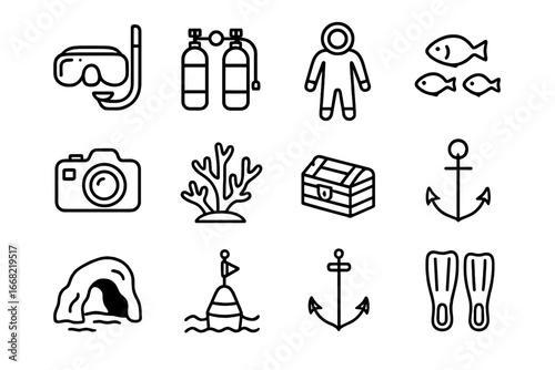 Ocean Exploration Icons. Outline icon set of ocean exploration: snorkel mask, oxygen tank, diving suit,