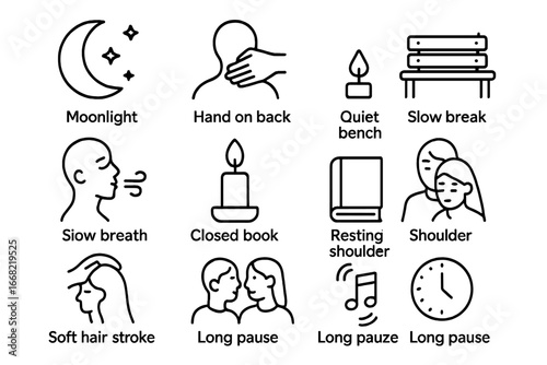 Silent Love Icons. Outline icon set of love in silence: moonlight, hand on back, quiet bench, slow breath,