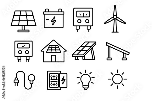 Off-Grid Solar Icons. Outline icon set of off-grid solar roofs: solar panel, battery pack, charge controller,