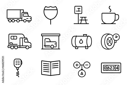 Trucking Icons Grid. Outline icon set of long-haul trucking: semi-truck, highway sign, rest area, truck stop