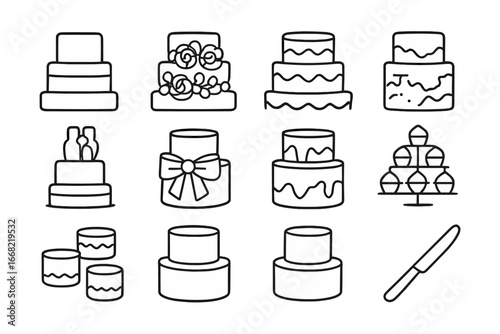 Wedding Cake Icons. Outline icon set of wedding cake styles: naked cake, floral tiers, buttercream design,