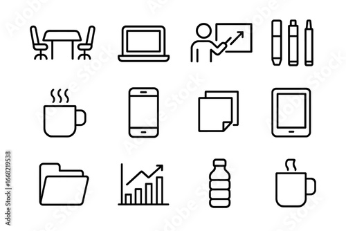 Office Meeting Icons. Outline icon set of office meeting with creative team: desk, chairs, laptop,