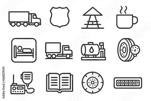 Trucking Icons Grid. Outline icon set of long-haul trucking: semi-truck, highway sign, rest area, truck stop