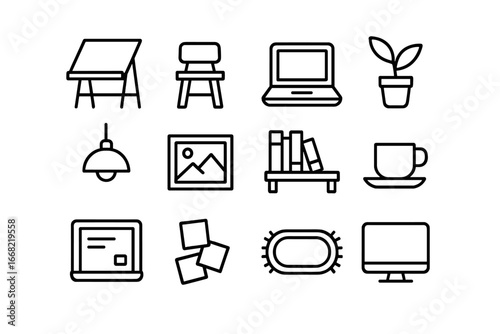 Office Icon Set. Outline icon set of office creative zones: drafting table, stool, laptop, potted plant,