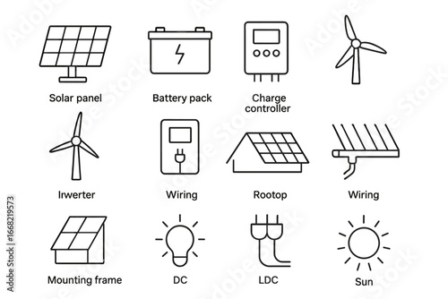 Off-Grid Solar Icons. Outline icon set of off-grid solar roofs: solar panel, battery pack, charge controller,
