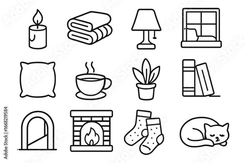 Cozy Comfort Icons. Outline icon set of comforting spaces: lit candle, wool blanket, warm lamp, window seat,