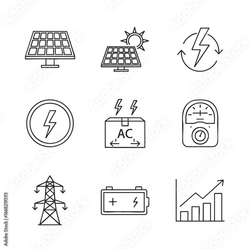 Collection of icons representing clean energy and electricity concepts solar power batteries and more