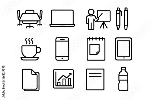 Office Meeting Icons. Outline icon set of office meeting with creative team: desk, chairs, laptop,