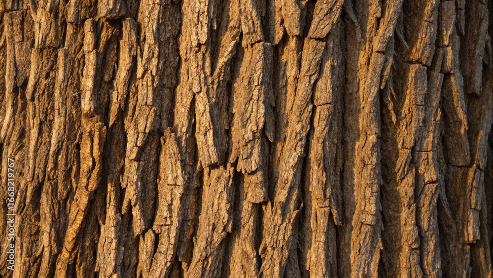 Obraz premium Detailed texture of rough, weathered tree bark in warm sunlight wood