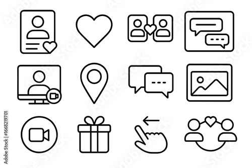 Online Dating Icons. Outline icon set of online dating platforms: profile cards, heart icons, match