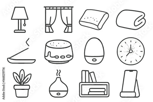 Calming Bedroom Icons. Outline icon set of calming bedroom setup: bedside lamp, blackout curtains, memory foam