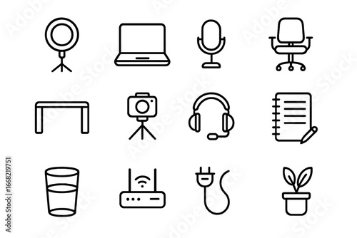 Online Setup Icons. Outline icon set of online conference setup: ring light, laptop, microphone, adjustable