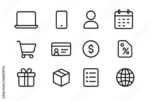 Online Subscription Icons. Outline icon set of online subscription services: laptop, smartphone, profile icon,
