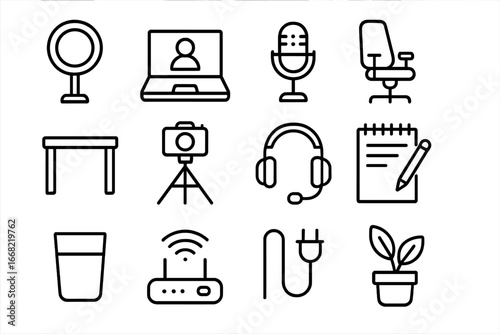 Online Setup Icons. Outline icon set of online conference setup: ring light, laptop, microphone, adjustable