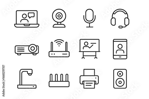 Online Teaching Icons. Outline icon set of online teaching in classrooms: laptop, webcam, microphone, headset,