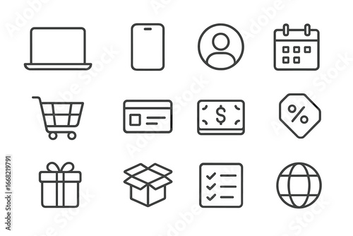 Online Subscription Icons. Outline icon set of online subscription services: laptop, smartphone, profile icon,