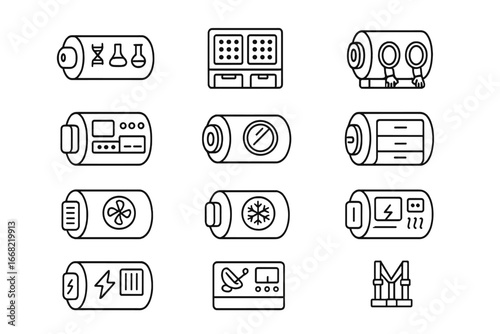 Orbital Lab Icon Set. Outline icon set of orbital laboratory modules: science bay, microgravity experiment