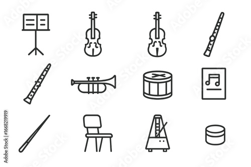 Orchestra Icon Set. Outline icon set of orchestra rehearsal setup: music stand, violin, cello, flute, clarinet
