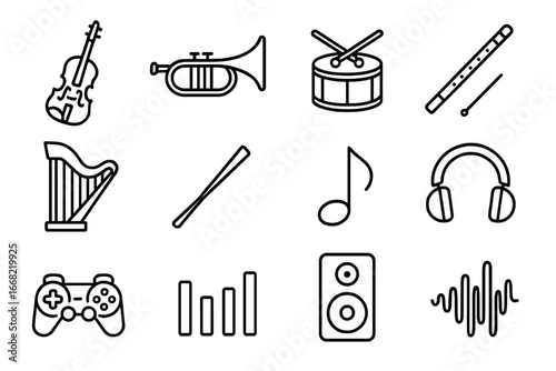 Orchestral Game Icon Set. Outline icon set of orchestral game scores: violin, trumpet, drum, flute, harp,
