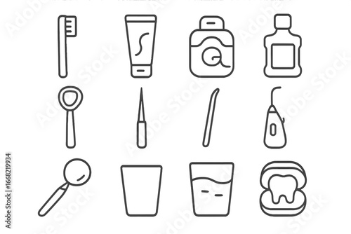 Dental Hygiene Icons. Outline icon set of dental hygiene tools: toothbrush, toothpaste, floss, mouthwash,