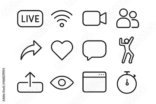 Live Streaming Icons. Outline icon set of live streaming dance sessions: live badge, signal icon, streaming