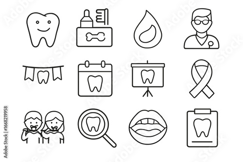 Dental Awareness Icons. Outline icon set of dental awareness campaign: smiling tooth, dental kit, toothpaste