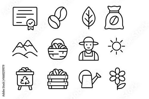 Organic Coffee Icons. Outline icon set of organic coffee certification: certificate icon, coffee beans, leaf,