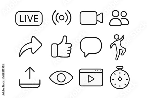 Live Streaming Icons. Outline icon set of live streaming dance sessions: live badge, signal icon, streaming