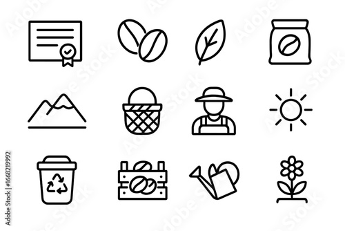 Organic Coffee Icons. Outline icon set of organic coffee certification: certificate icon, coffee beans, leaf,