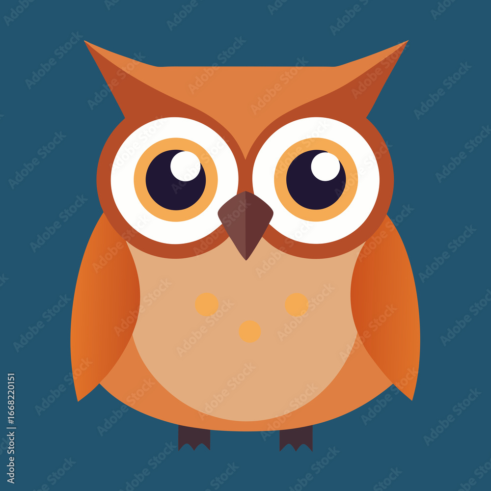 Obraz premium Cute cartoon brown owl vector illustration with big eyes and feathers flying at night