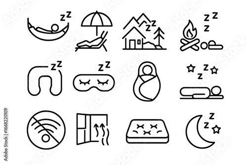 Restful Vacation Icons. Outline icon set of restful vacation sleep: hammock icon, beach nap, mountain cabin,