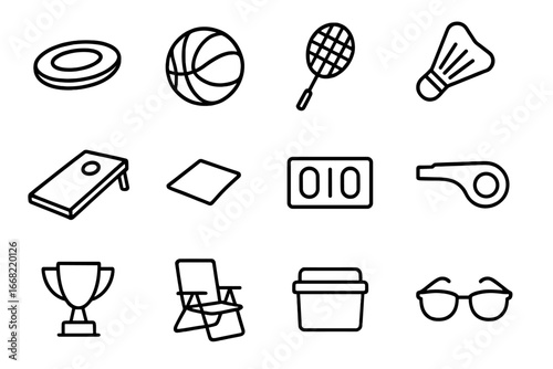 Outdoor Games Icons. Outline icon set of competitive outdoor games: frisbee, volleyball, badminton racket,