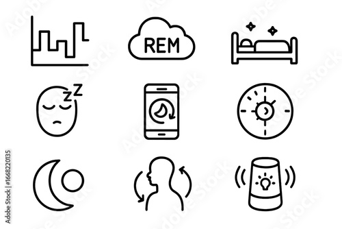 Sleep Cycle Icons. Outline icon set of sleep cycle awareness: sleep graph, REM icon, deep sleep, light sleep,