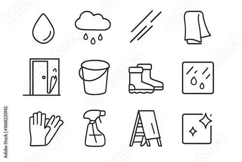 Rainy Window Cleaning Icons. Outline icon set of rainy window cleaning: raindrop icon, cloudy sky, streak mark