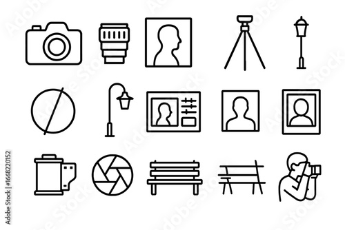 Outdoor Photography Icons. Outline icon set of outdoor black and white portraits: camera, lens, portrait