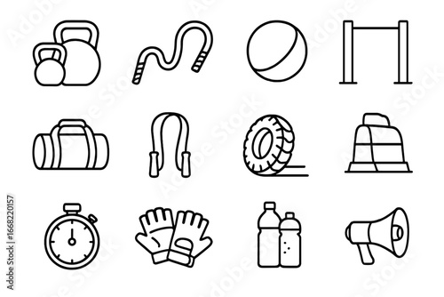 Outdoor Bootcamp Icons. Outline icon set of outdoor bootcamp workout: kettlebells, battle ropes, medicine