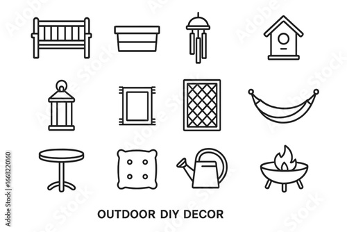 Outdoor Décor Icons. Outline icon set of outdoor DIY décor: garden bench, planter box, wind chime, birdhouse,